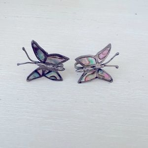 Vintage Abalone Shell Butterfly Sterling Screw-Back Earrings